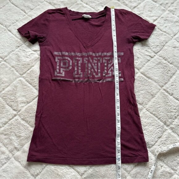 Victoria's Secret PINK | Maroon Logo Short Sleeve V-Neck Tee Shirt | Size Small - Picture 8 of 8
